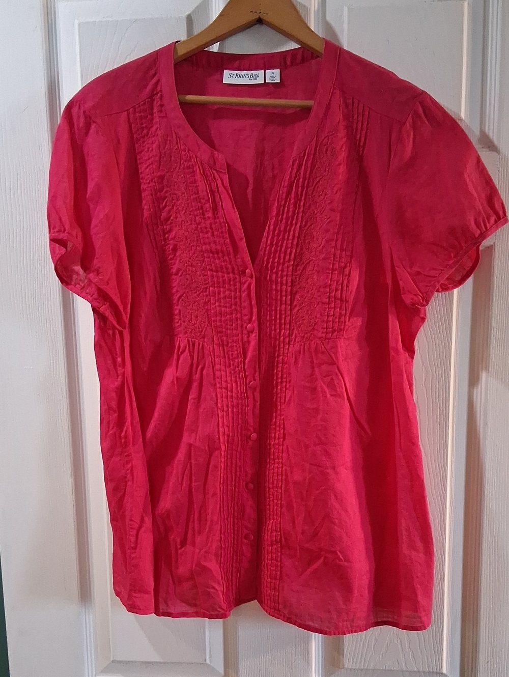 St. John's Bay Bright Pink Pintuck Button-Front Blouse 100% Cotton